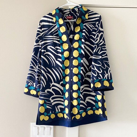 STAUD Parke Lemon Print Tunic Shirt Size S Lightweight Artsy Lagenlook Vacation - Picture 2 of 11